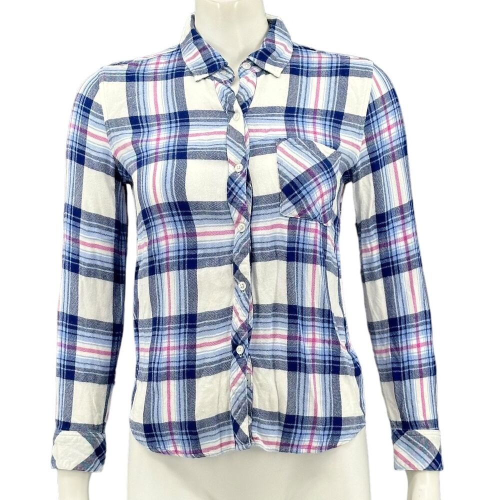Rails Top Womens XS Hunter Ivory Bluebell Plaid Button Up Country Western Preppy